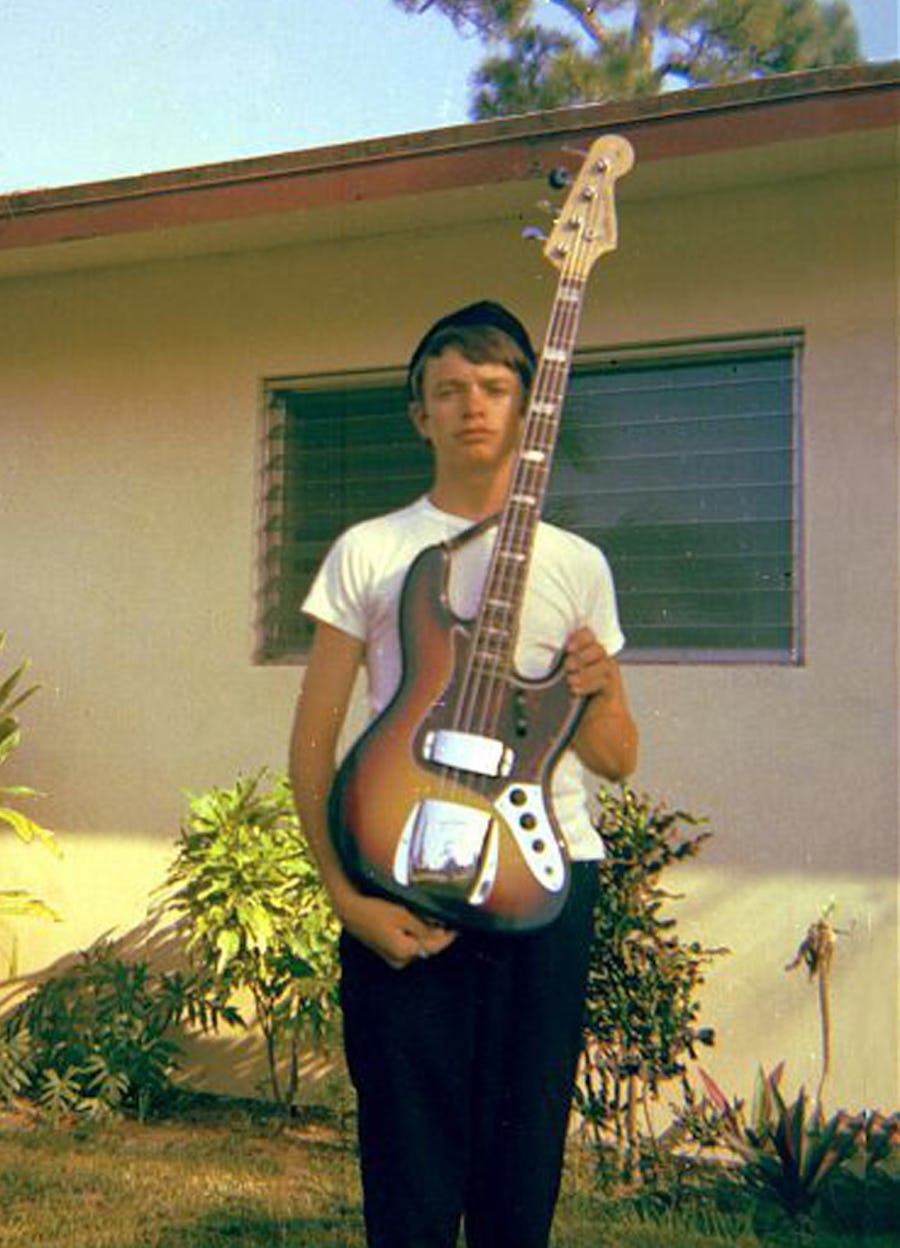 A young Jaco Pastorius with his Fender Jazz bass.